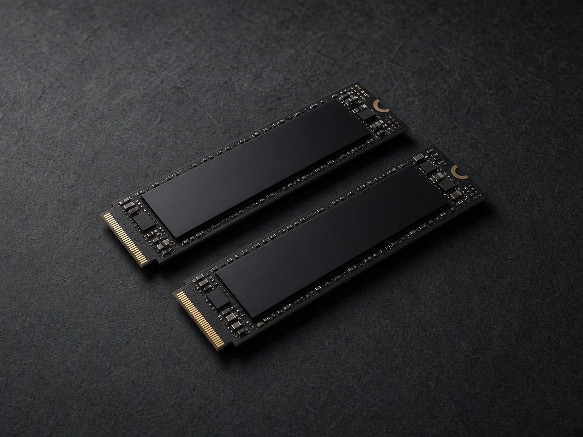 两块黑色 NVMe 并排放在深色石面上